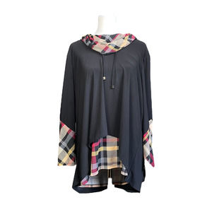 Ali Miles Tunic Women XL Black Plaid Cowl Neck Blouse Lagenlook Asymmetrical Hem